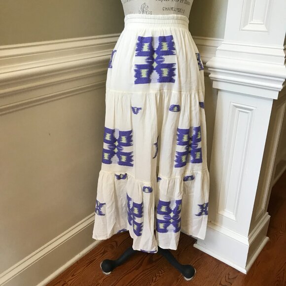 Devotion Twins Iliokali Maxi Skirt Womens OS S M L Cream Blue Cotton Tiered Boho - Picture 4 of 13